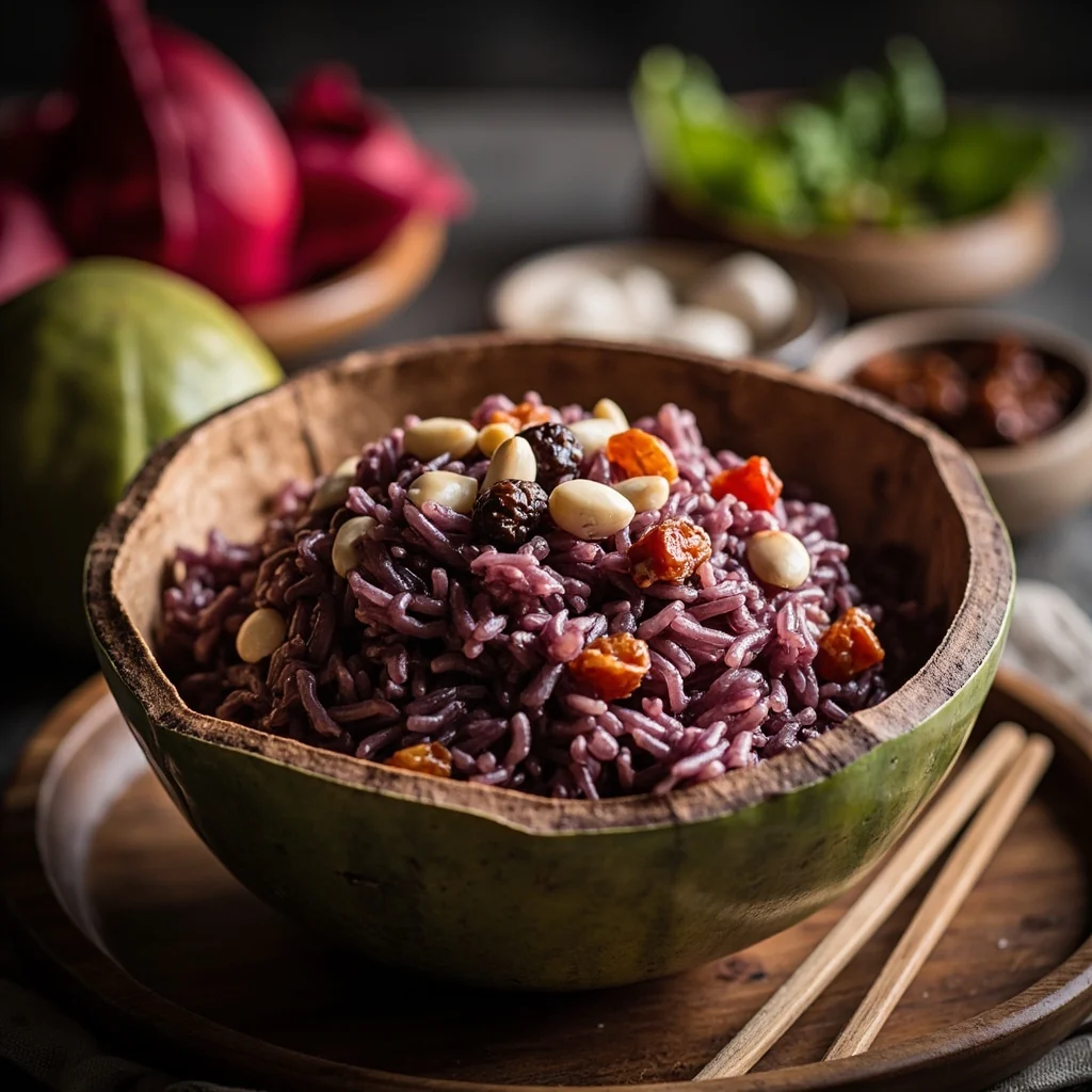 Riz violet à la noix de coco vapeur dans sa coque