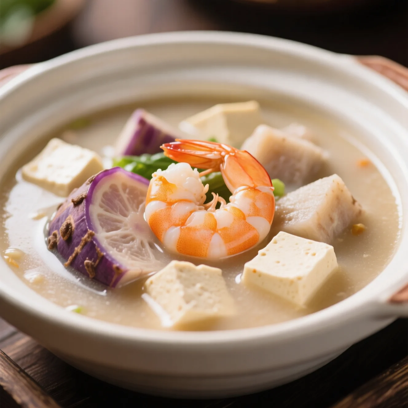 Soupe crémeuse de taro et crevettes