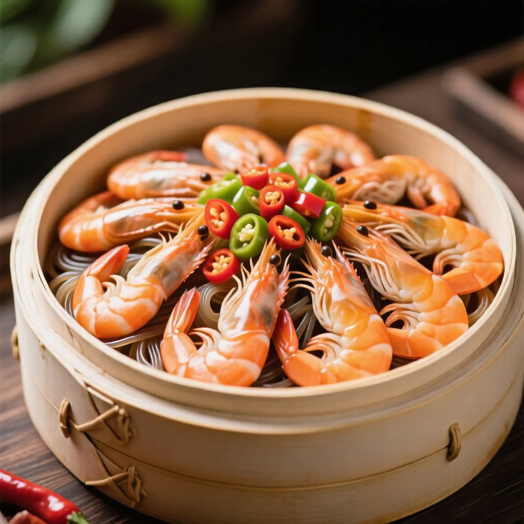 Crevettes vapeur aux vermicelles de riz et piment haché