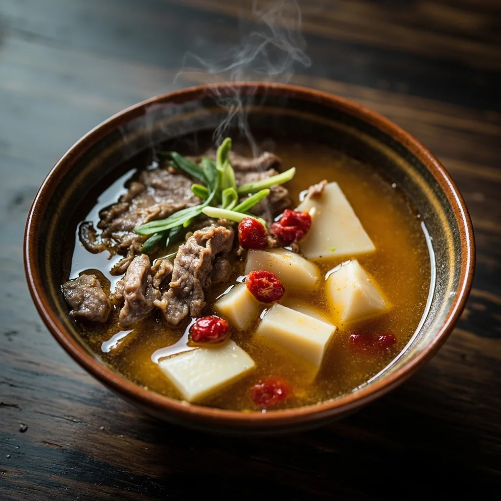 Sopa de carne con ñame chino y bayas de goji