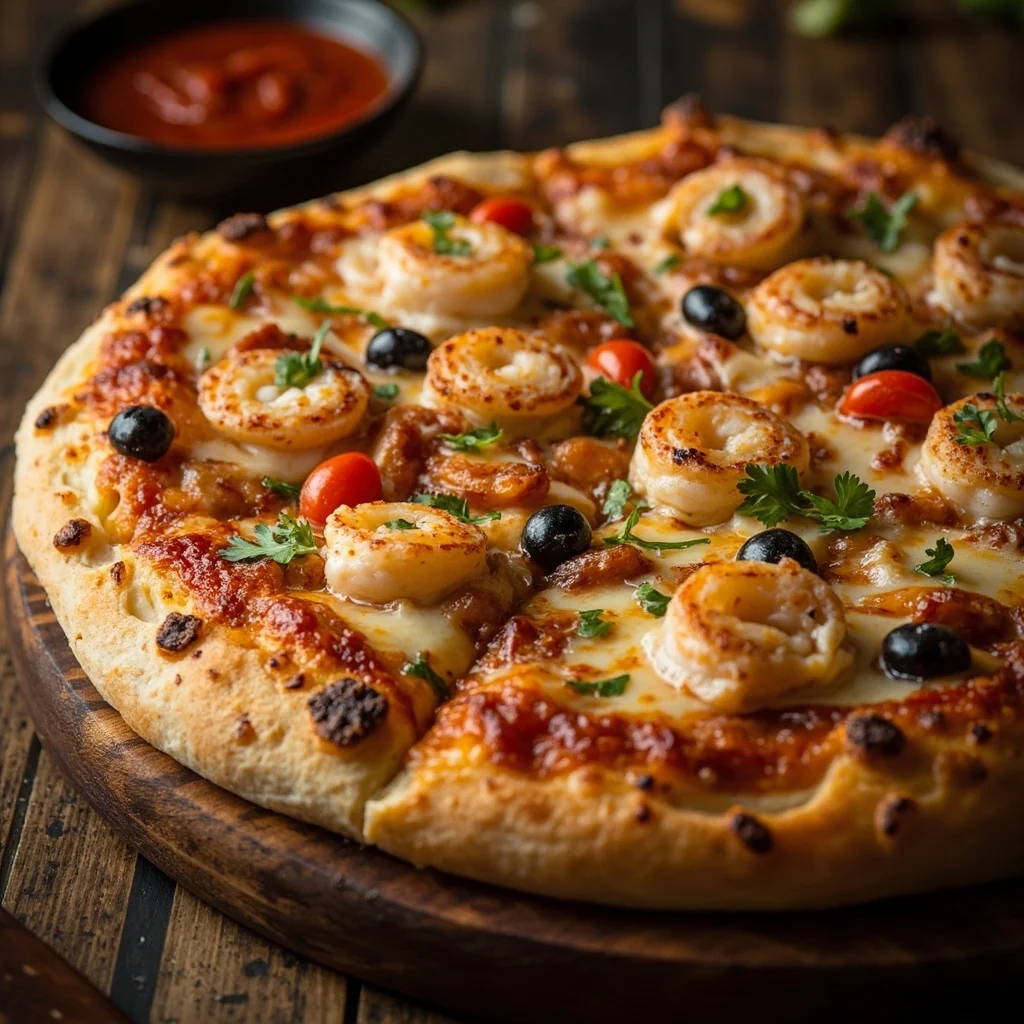 Pizza aux fruits de mer suprême avec pâte à fermentation froide