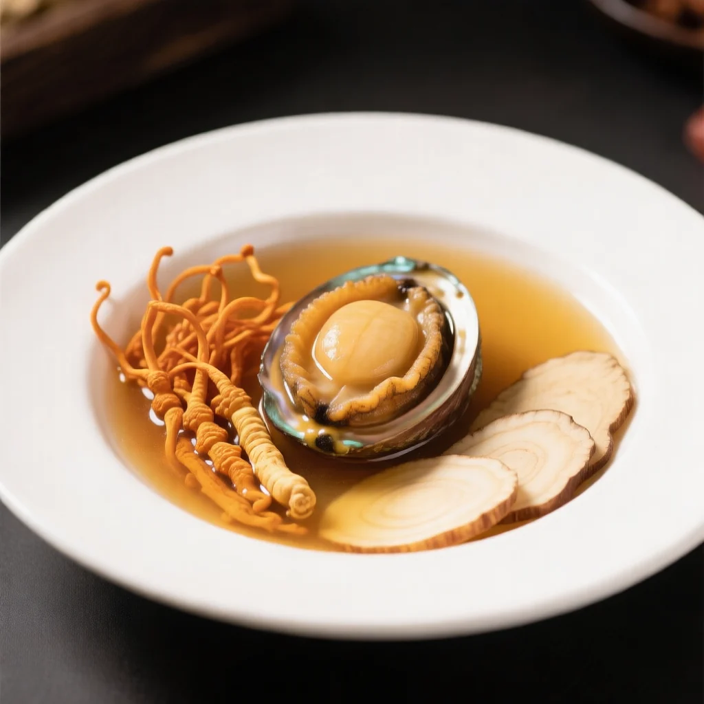 Abalone mijoté aux fleurs de cordyceps et ginseng américain