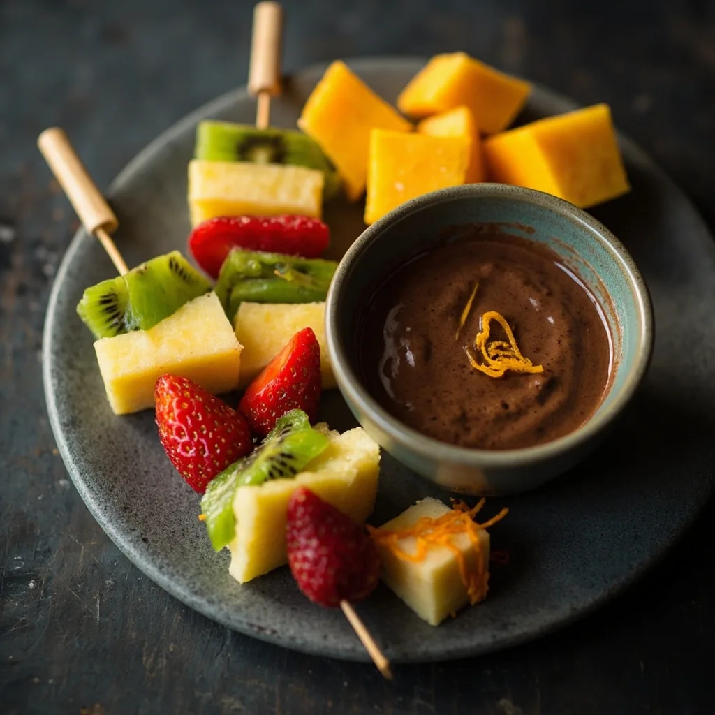 Brochettes de fruits avec sauce au chocolat à l'orange