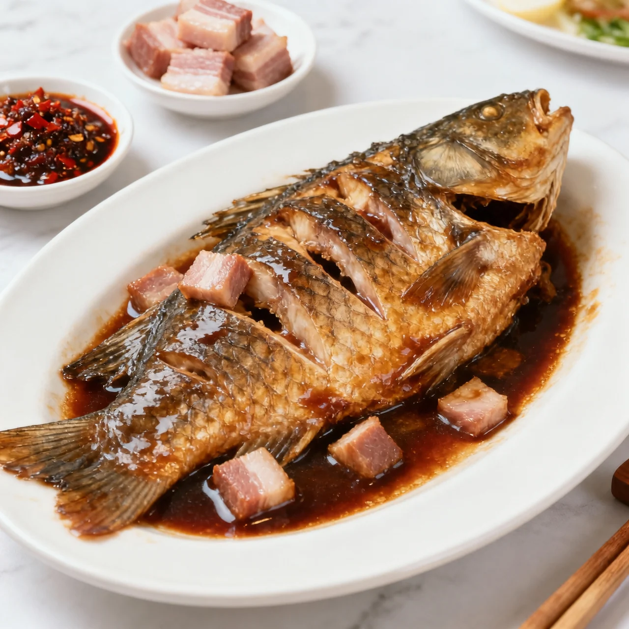 Poisson buffalo entier braisé à la sauce soja