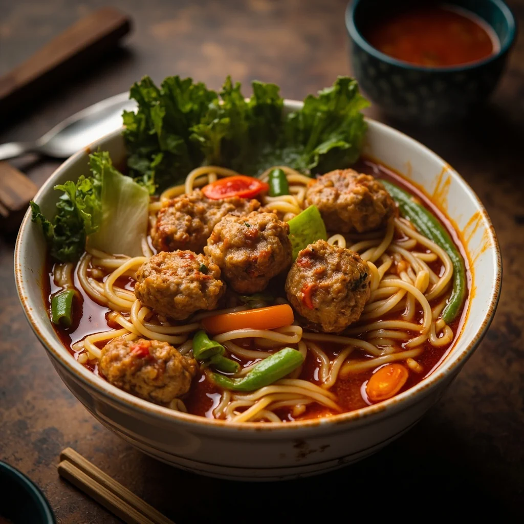 Nouilles de Riz Épaisses aux Boulettes de Viande Épicées