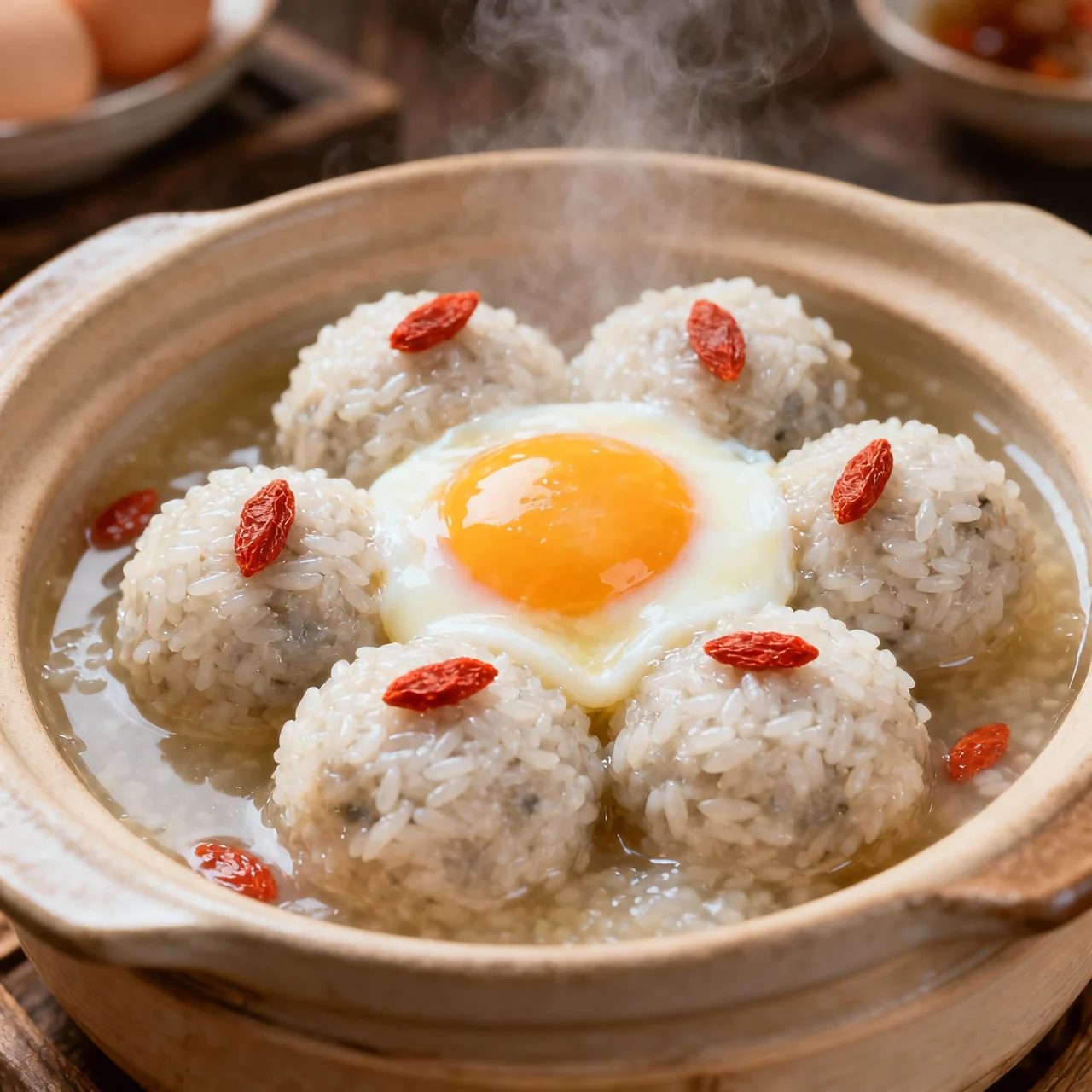 Soupe de boulettes de riz fermenté avec œuf onsen