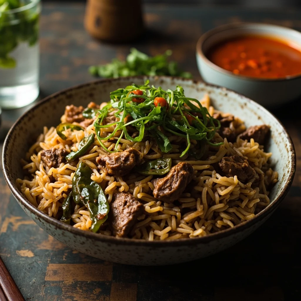 Riz frit au bœuf du Sichuan et légumes marinés