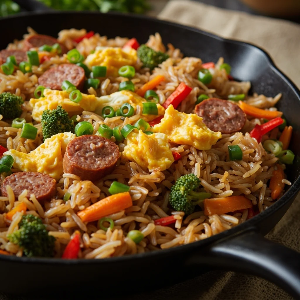 Riz sauté aux œufs, saucisse et légumes