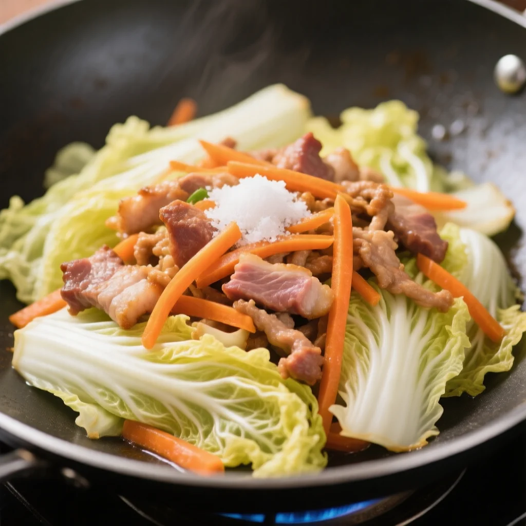 Chou chinois sauté avec porc effiloché