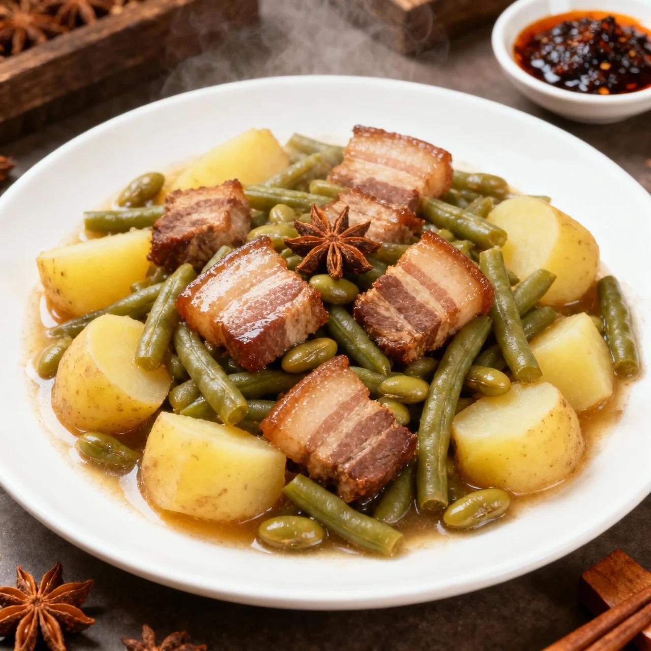 Ventre de porc braisé, haricots rouges et pommes de terre