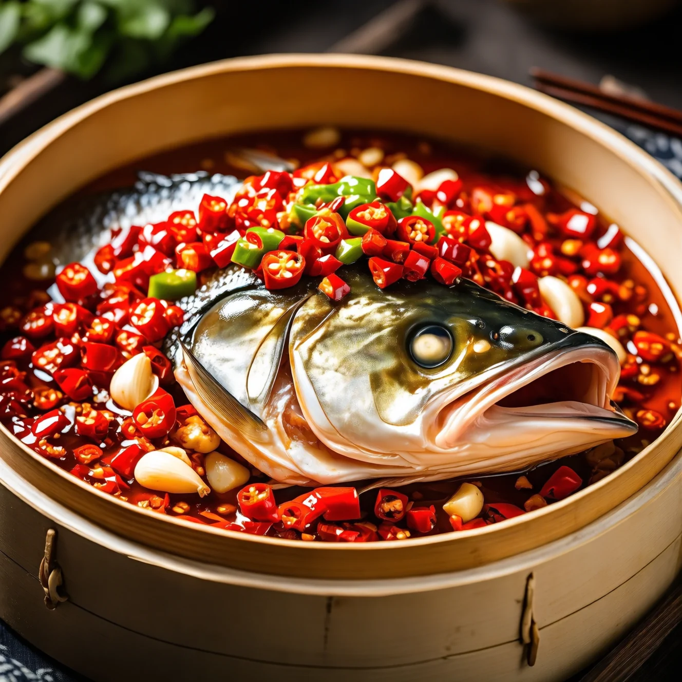 Tête de poisson vapeur aux piments et à l'ail