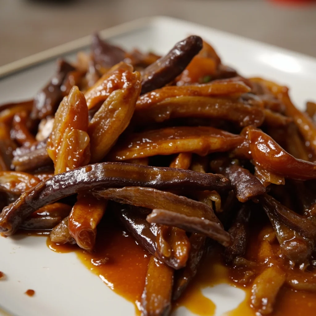 Lanières d'aubergine braisées en sauce