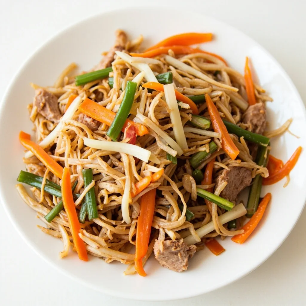 Émincé de porc sauté avec tige de riz sauvage et carotte