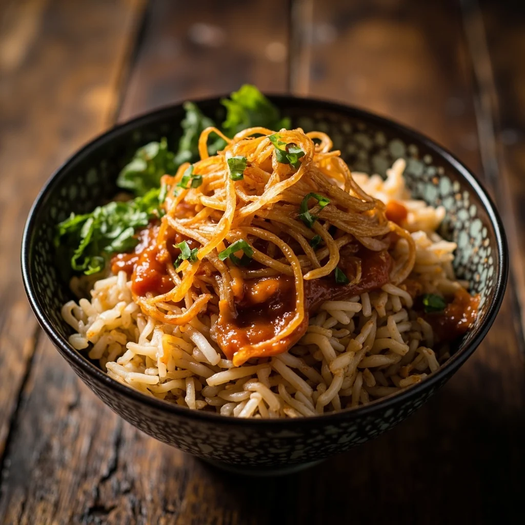 Bol de riz aux oignons croustillants avec sauce à l'ail épicée