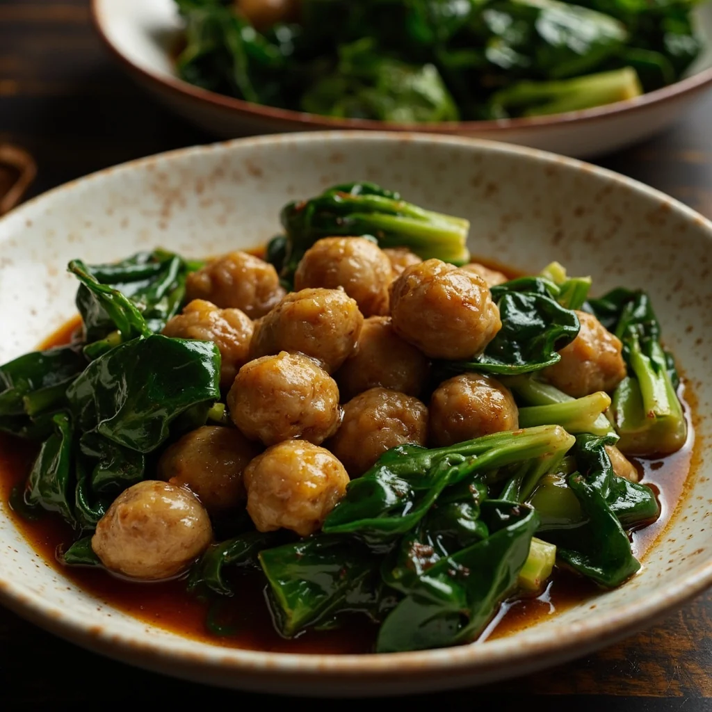 Légumes verts chinois braisés aux boules de gluten farcies
