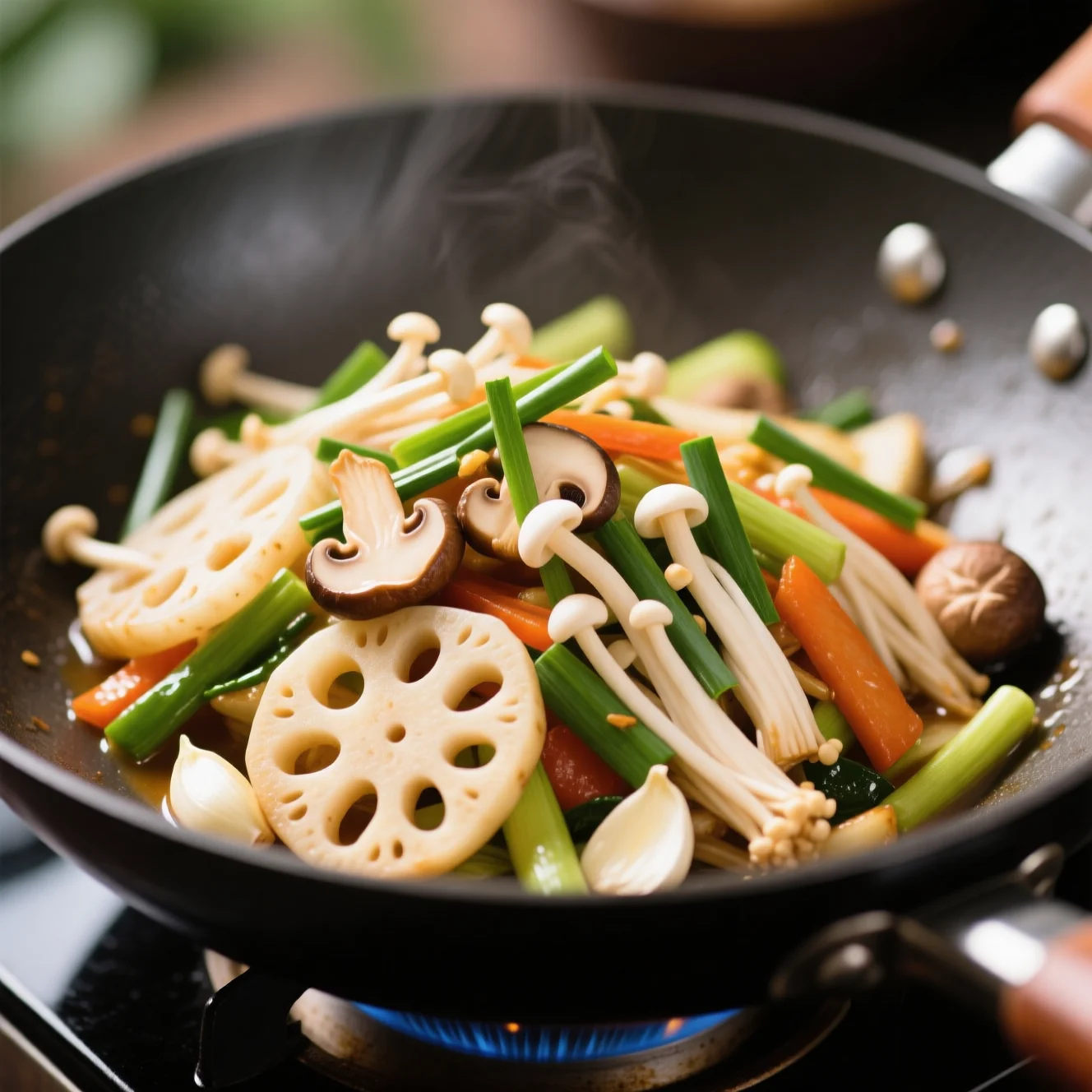 Sauté rapide de légumes aux énokis, racines de lotus et ciboules