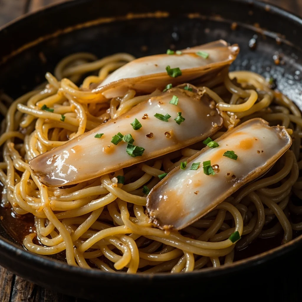 Abalone tendre sur vermicelles de verre à l'huile de ciboule et d'ail
