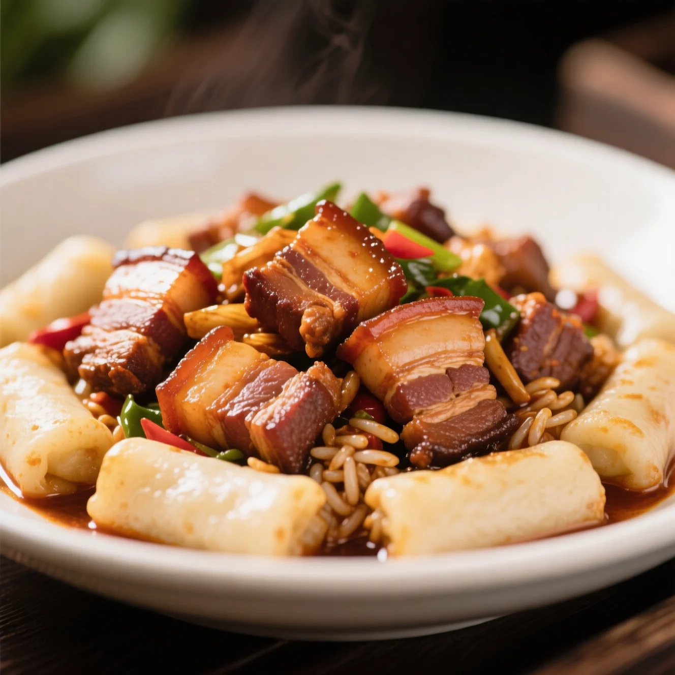 Porc deux fois cuit avec gâteaux de riz moelleux