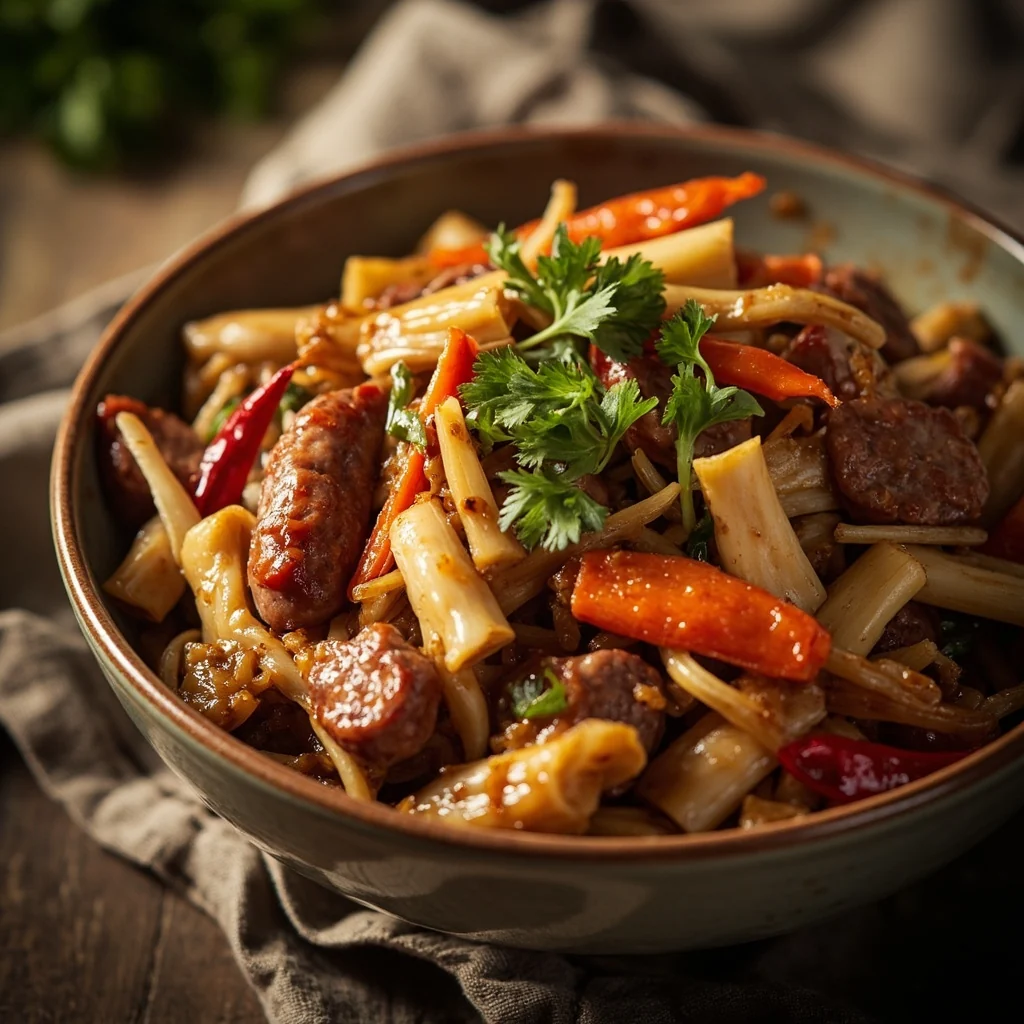 Sauté de pousses de bambou croustillantes avec saucisse