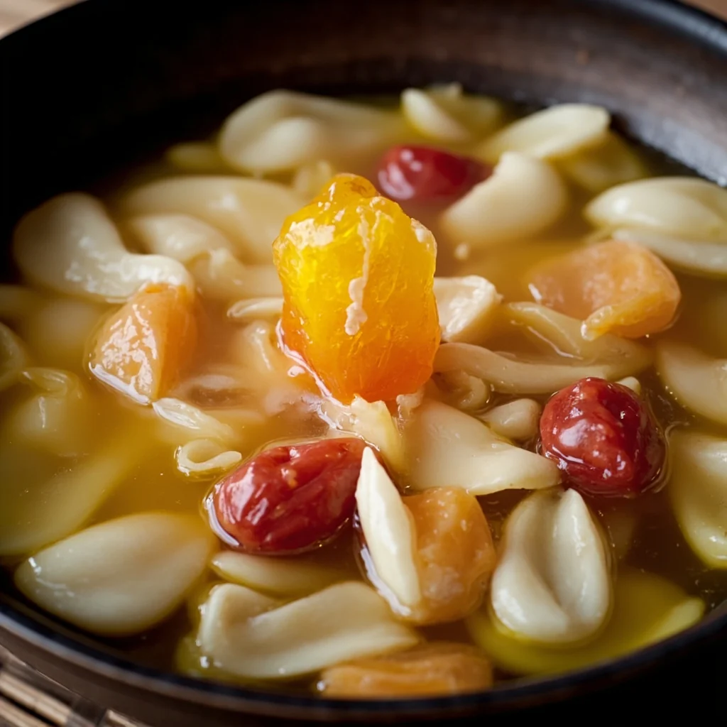 Soupe de gomme de pêche, graine de lotus de neige et champignon blanc