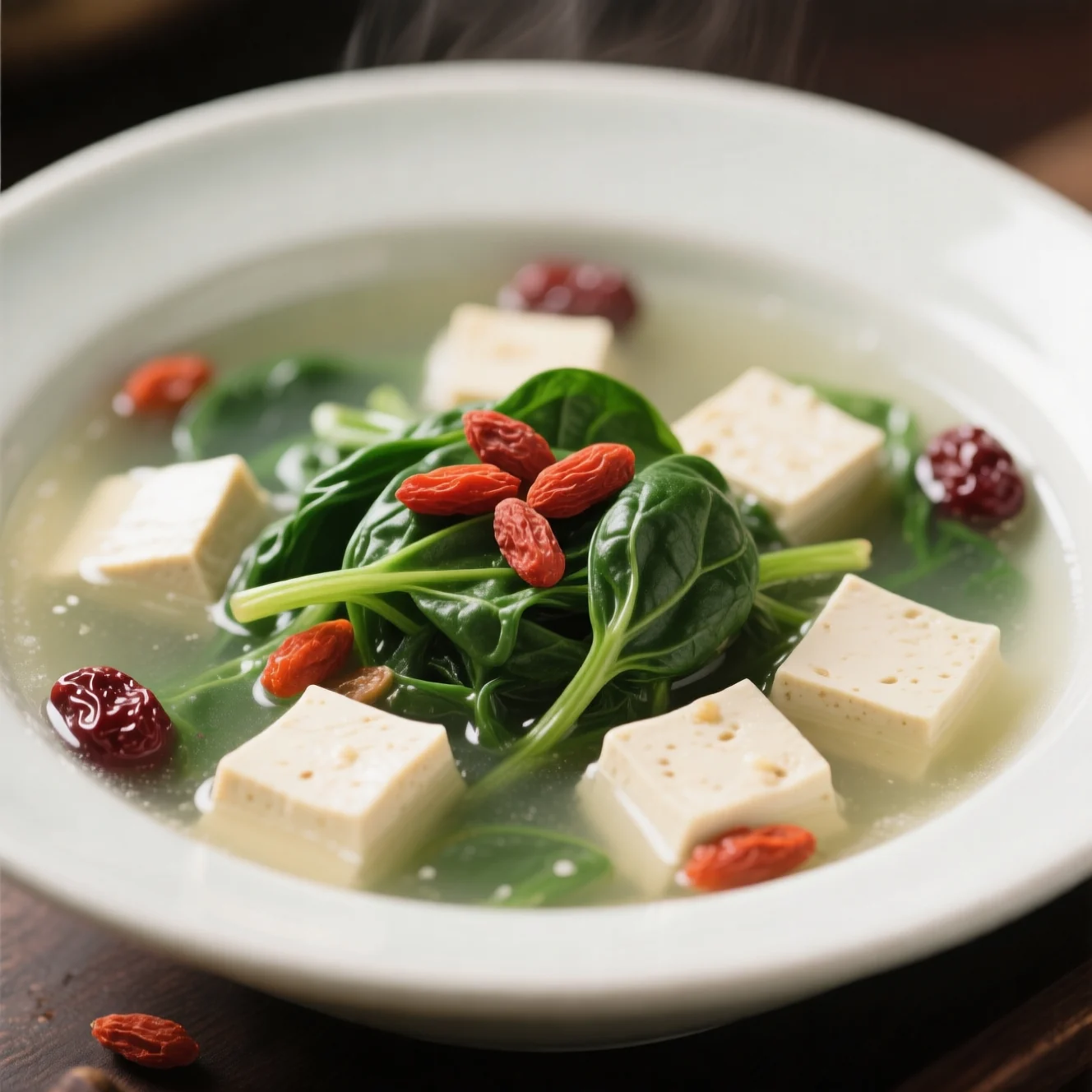 Soupe aux épinards et tofu aux baies de goji