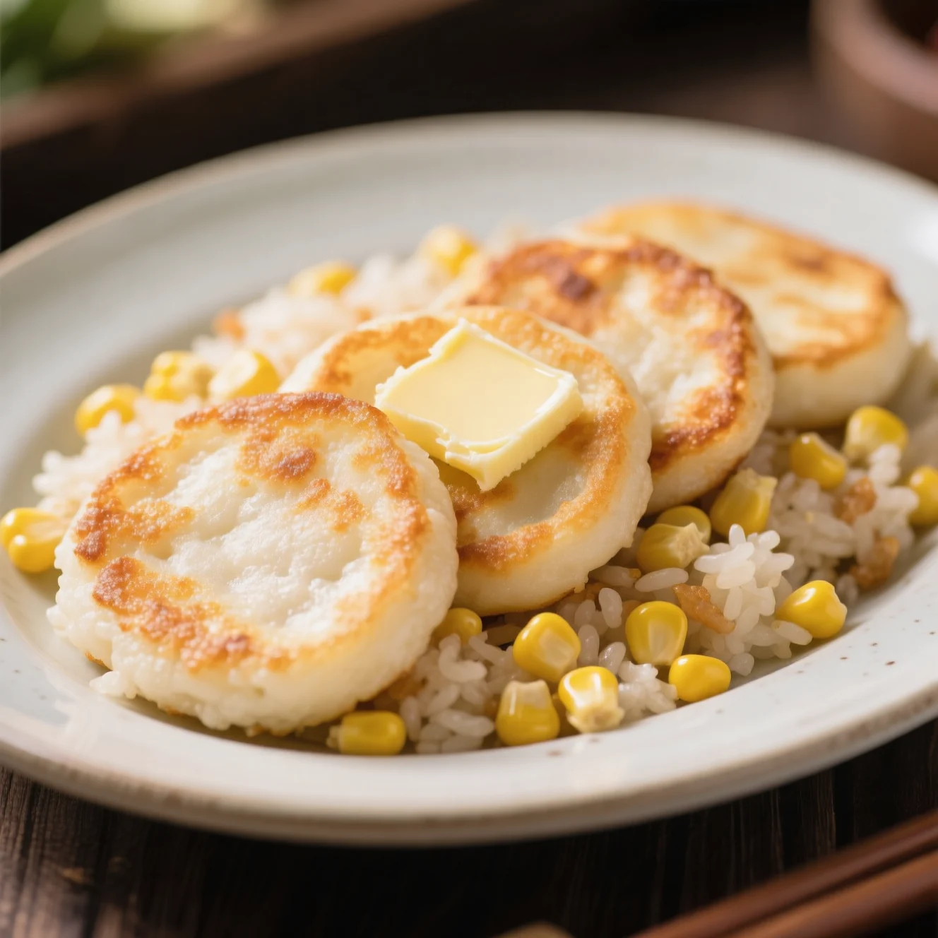 Gâteaux de riz frits au beurre avec maïs doux