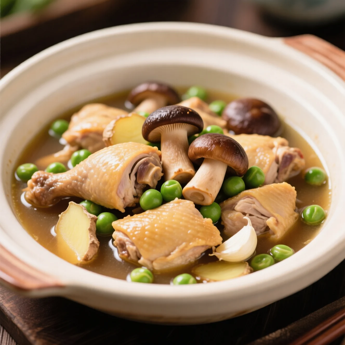 Poulet mijoté aux champignons hêtres et petits pois