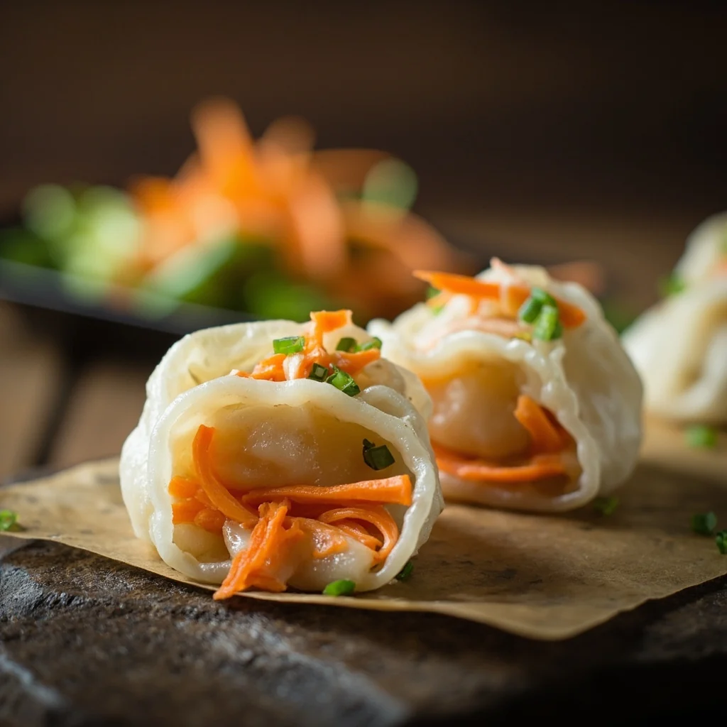Raviolis aux crevettes, carottes et ciboulette