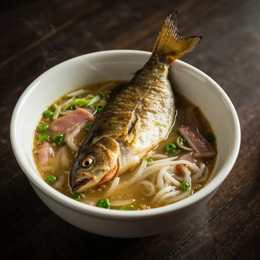 Sopa de rábano en juliana y carpa cruciana