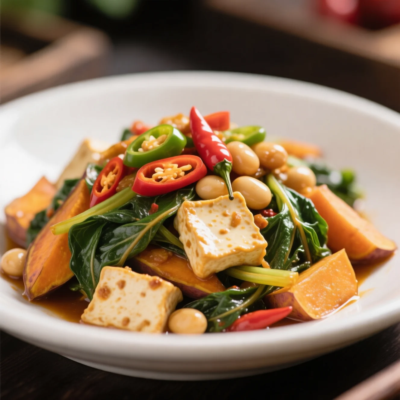 Feuilles de patate douce sautées au fromage de soja fermenté et aux piments