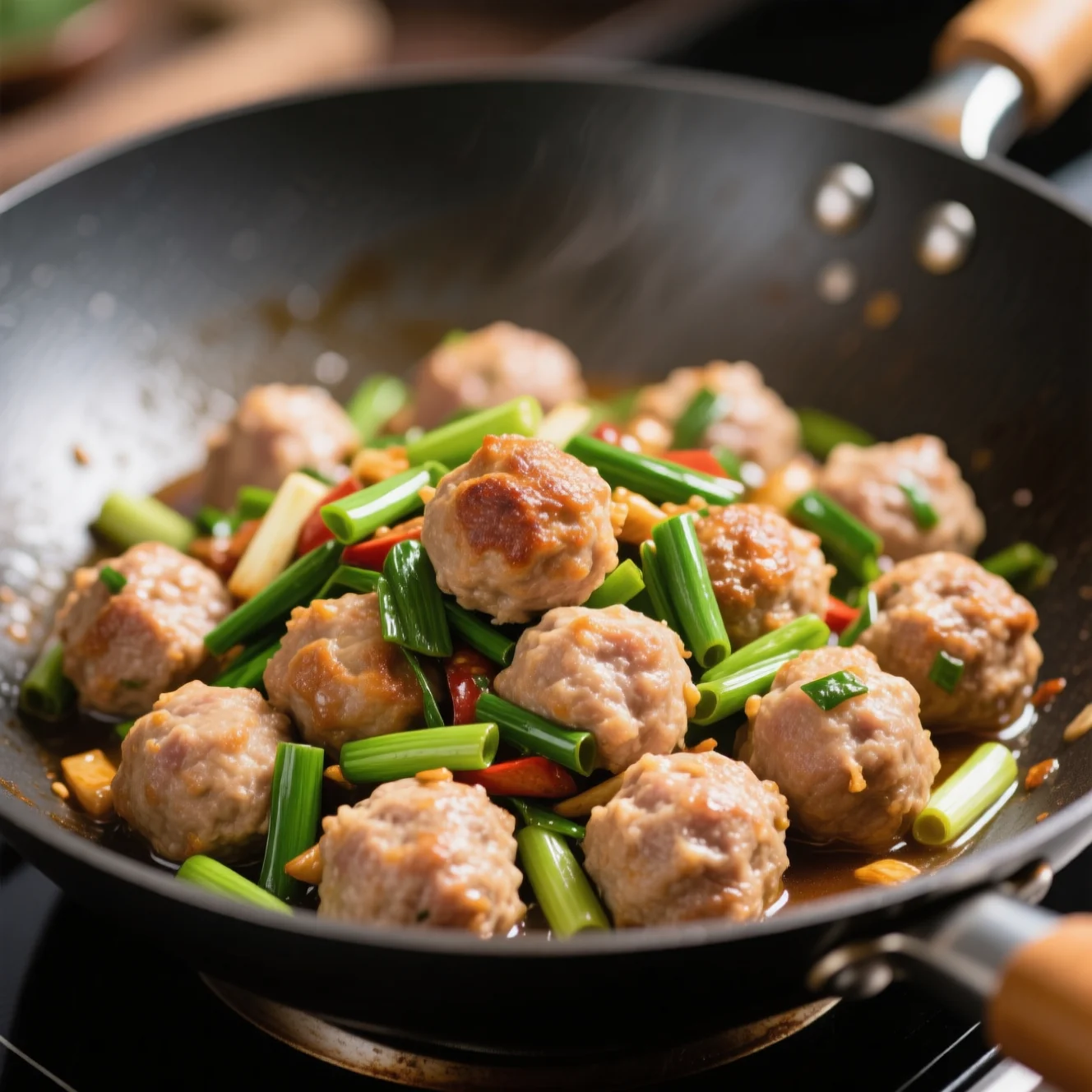Boulettes de Tête de Lion sautées à l'ail vert