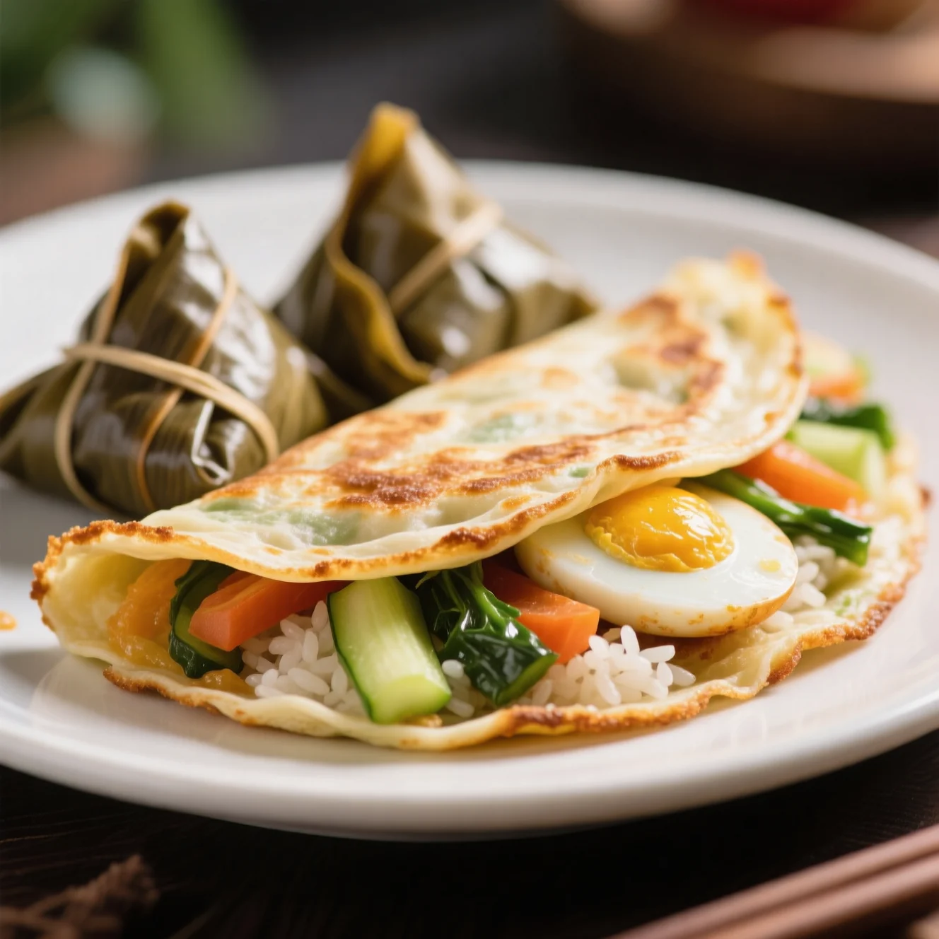 Crêpe aux œufs et légumes au riz gluant