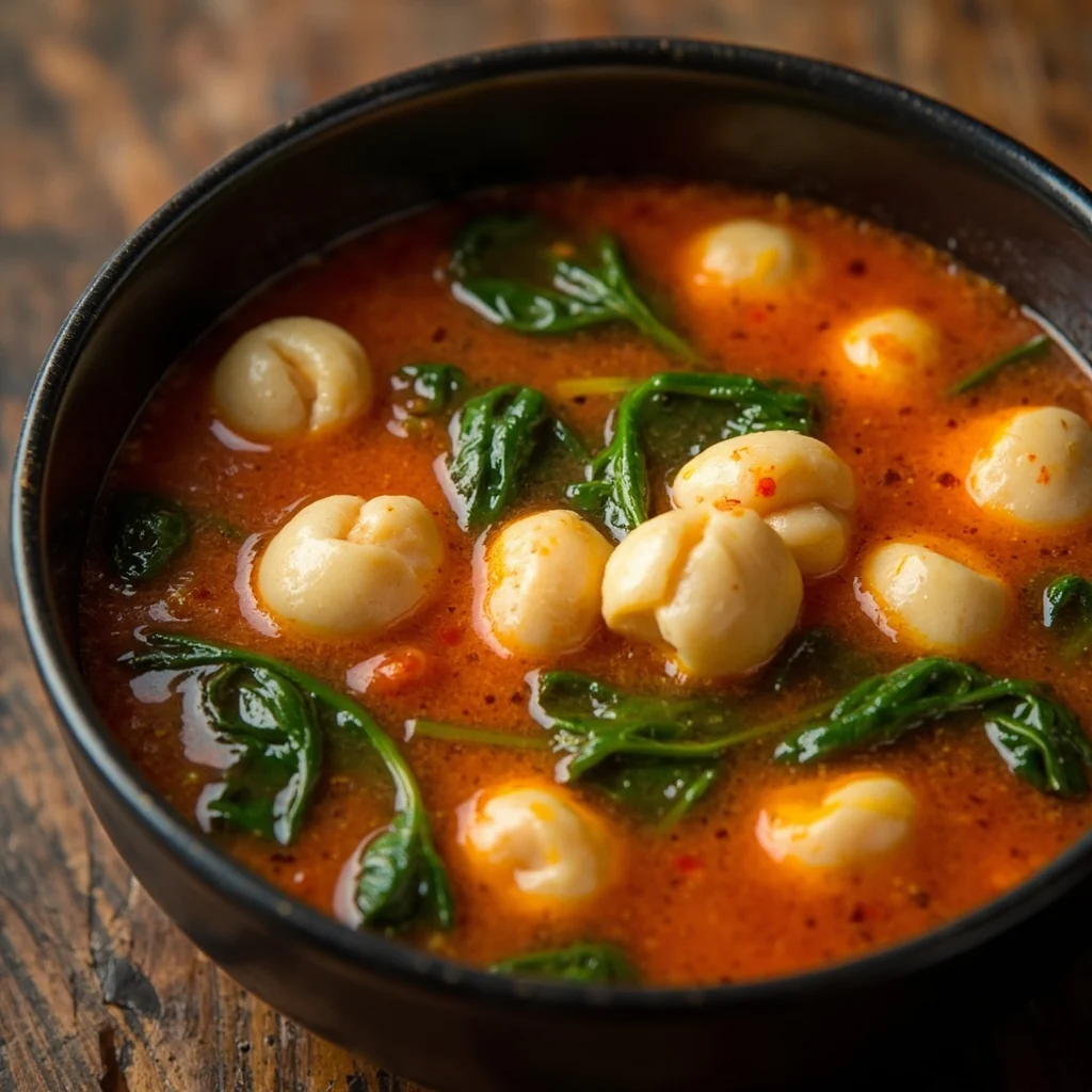 Soupe rustique aux tomates avec rubans d'œufs et quenelles déchirées à la main