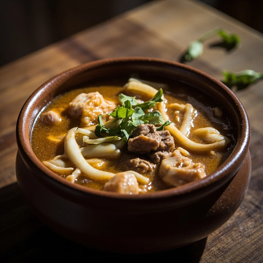 Soupe d'agneau et de poisson aux pousses de bambou