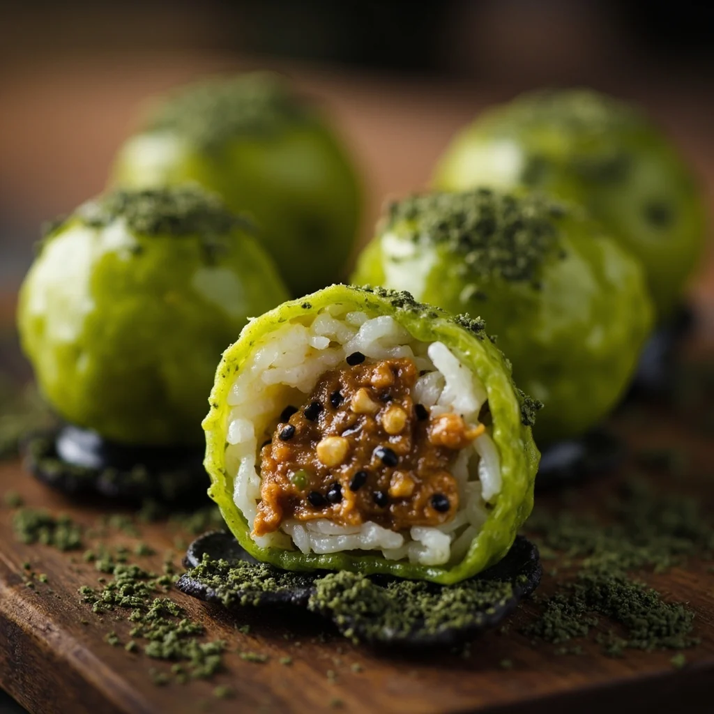 Matcha Qingtuan au sésame noir et à la pâte d'arachide