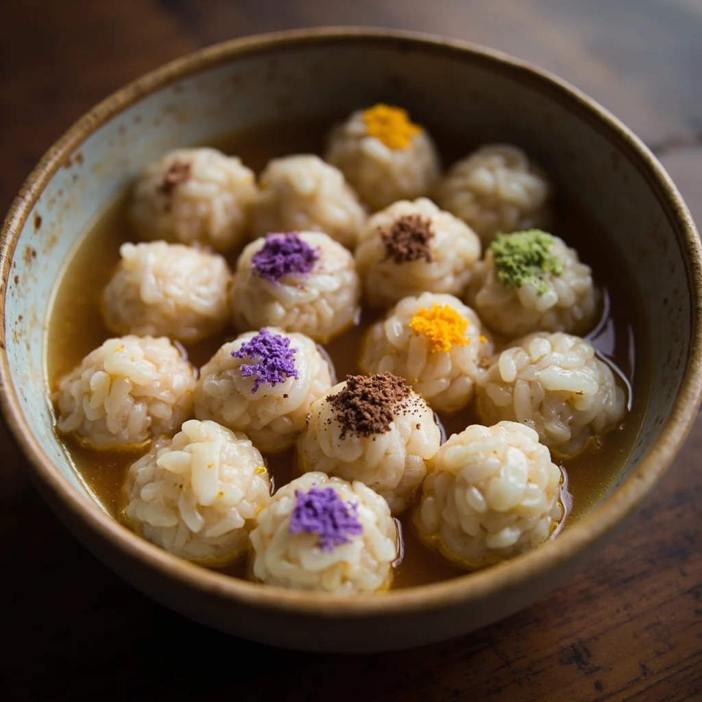 Boulettes de riz colorées festives dans du vin de riz doux