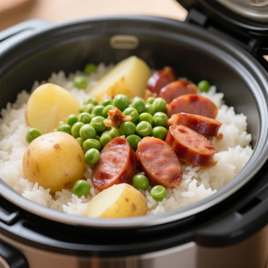 Riz aux pois, pommes de terre et saucisses