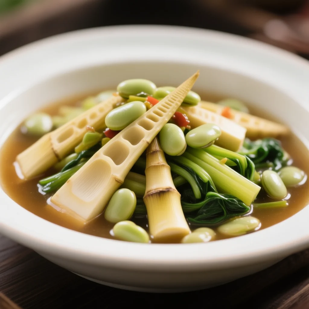 Pousses de bambou et fèves avec légumes verts marinés