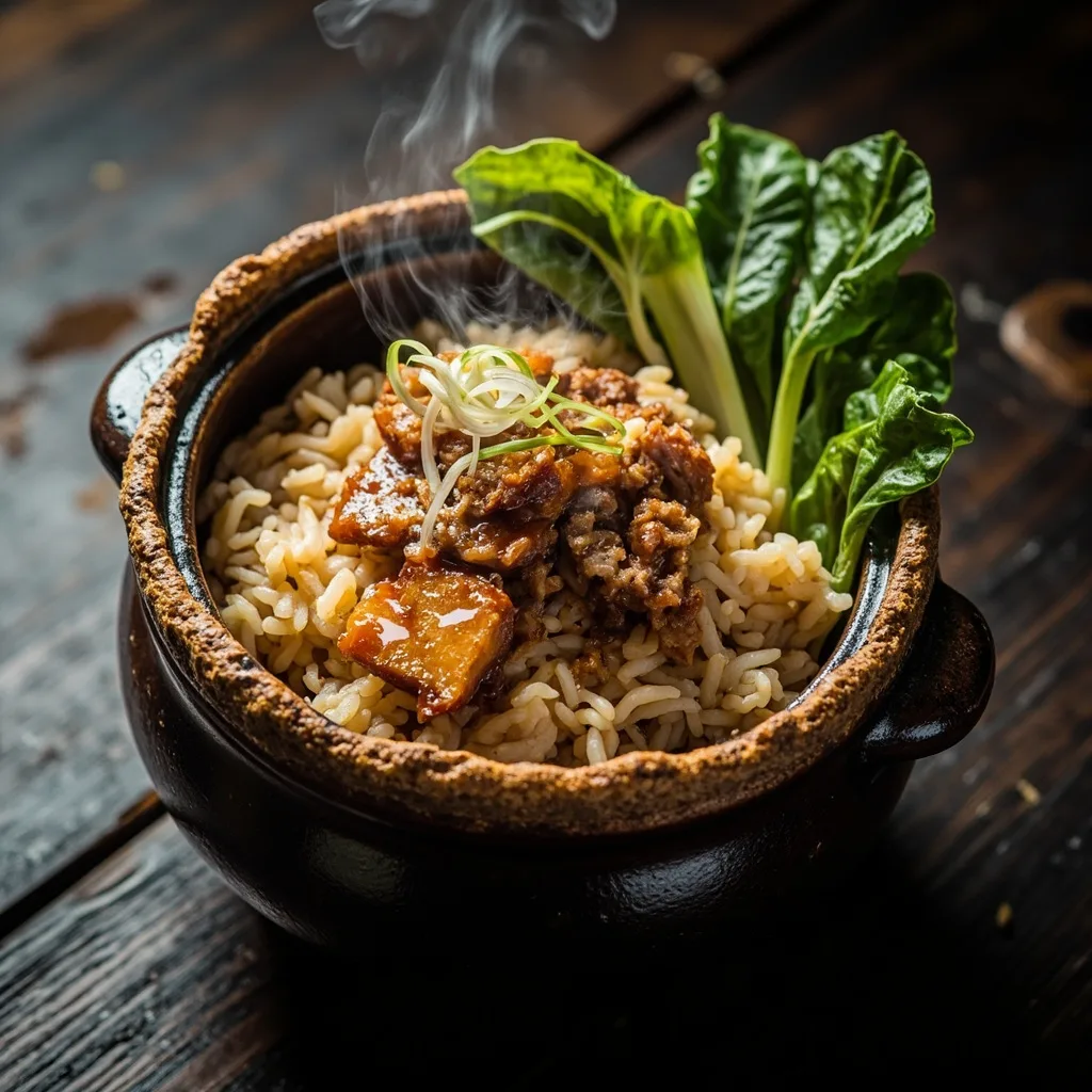 Riz au porc et poisson salé en marmite en terre