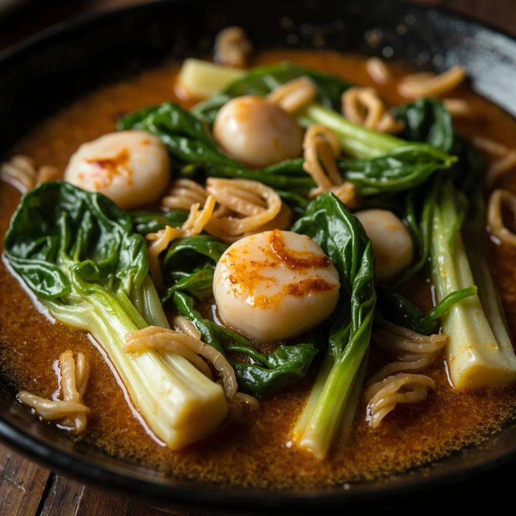 Coquilles Saint-Jacques et Bok Choy Bébé en Sauce Dorée
