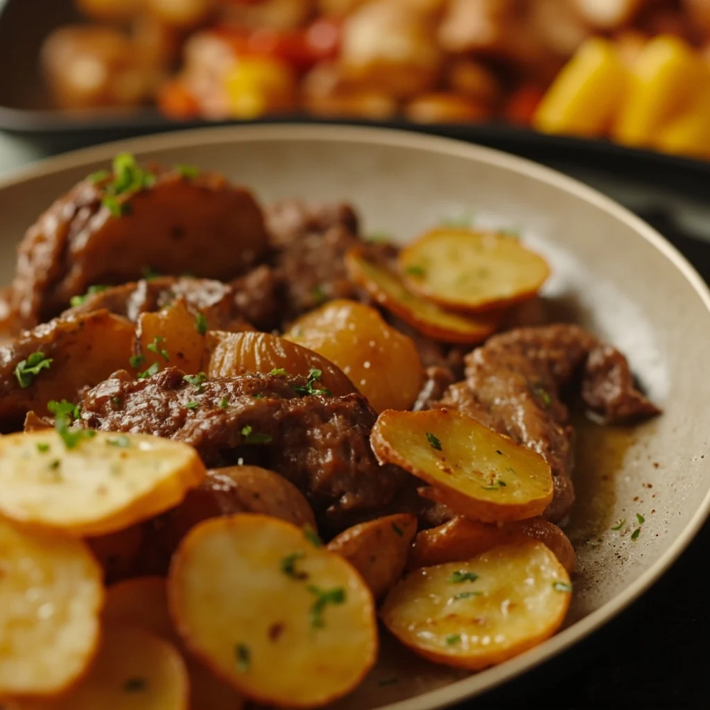 Repas de steak aux pommes de terre rôties