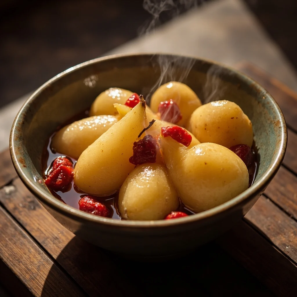 Poires cuites à la vapeur avec sucre candi