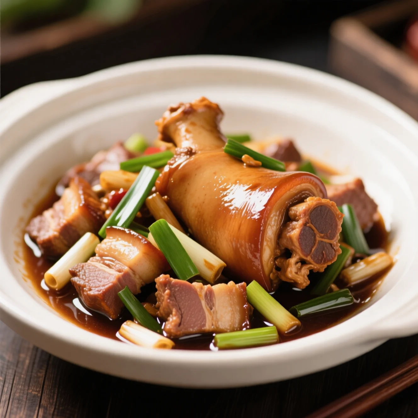 Coudes de porc mijotés aux oignons verts