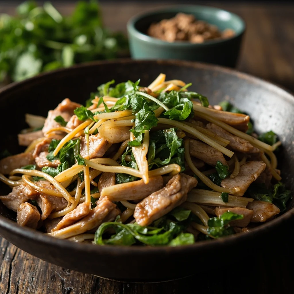 Porc sauté avec bourse-à-pasteur et pousses de bambous d'hiver