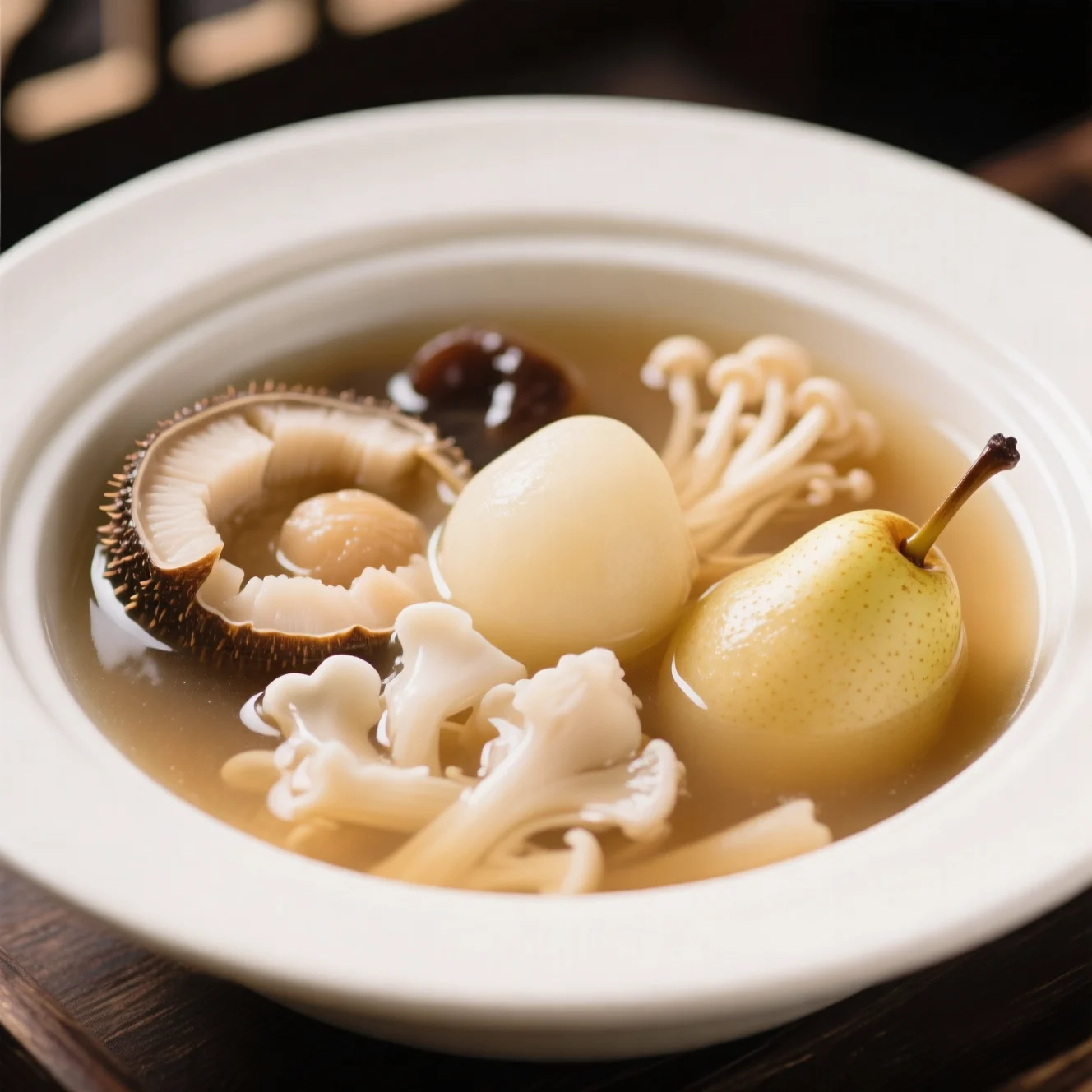 Soupe de poire, noix de coco de mer et champignon des neiges