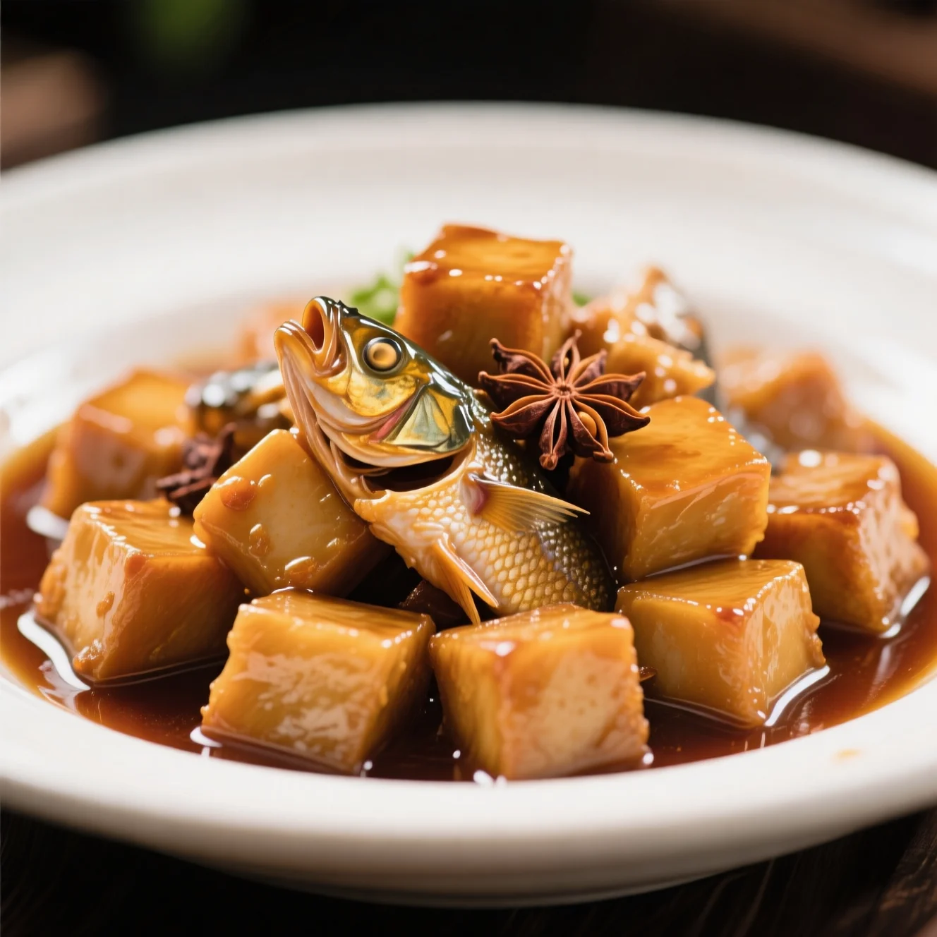 Poissons en cubes braisés au vin de riz fermenté