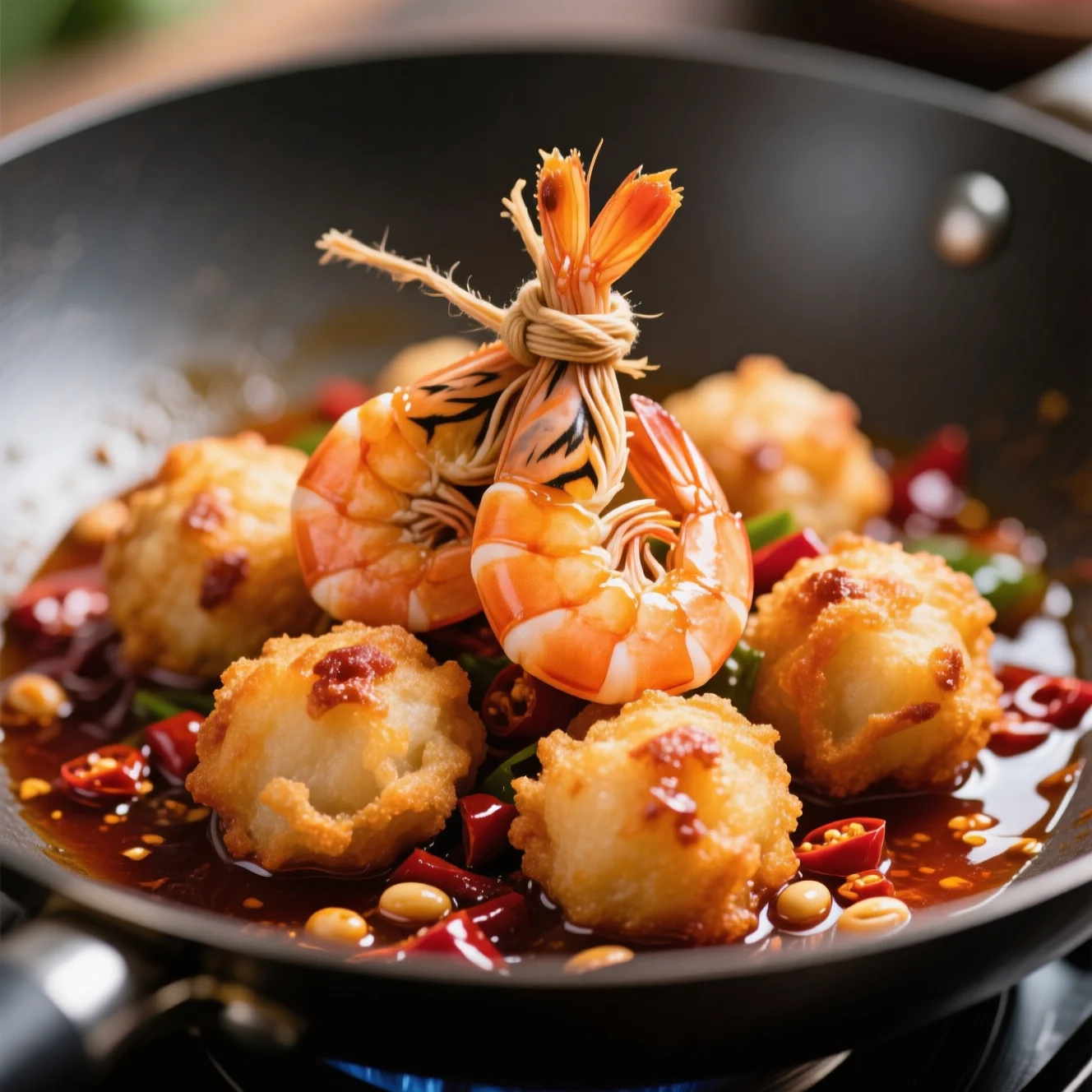 Boulettes de Crevettes Laquées au Piment du Sichuan