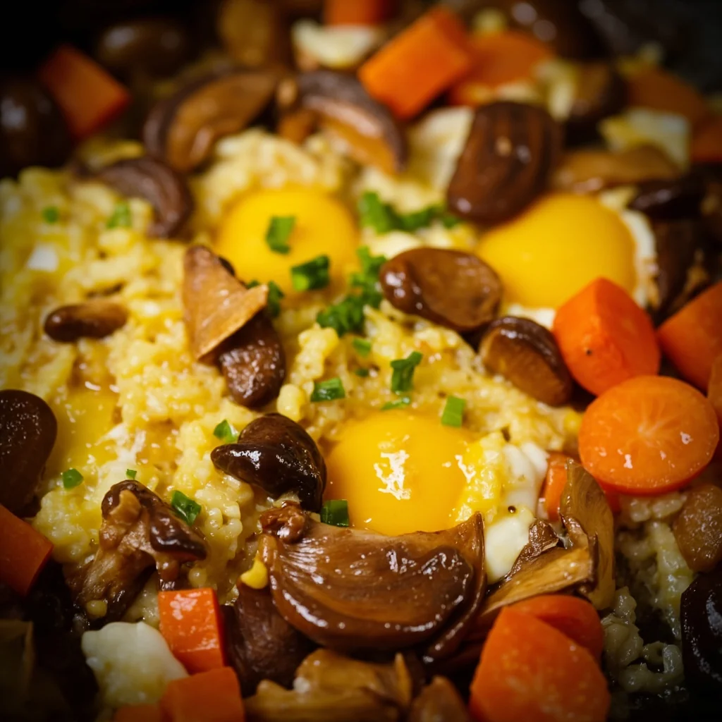 Œufs brouillés aux champignons buna shimeji bruns