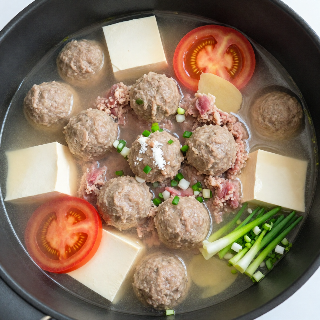 شوربة التوفو وكرات لحم الخنزير
