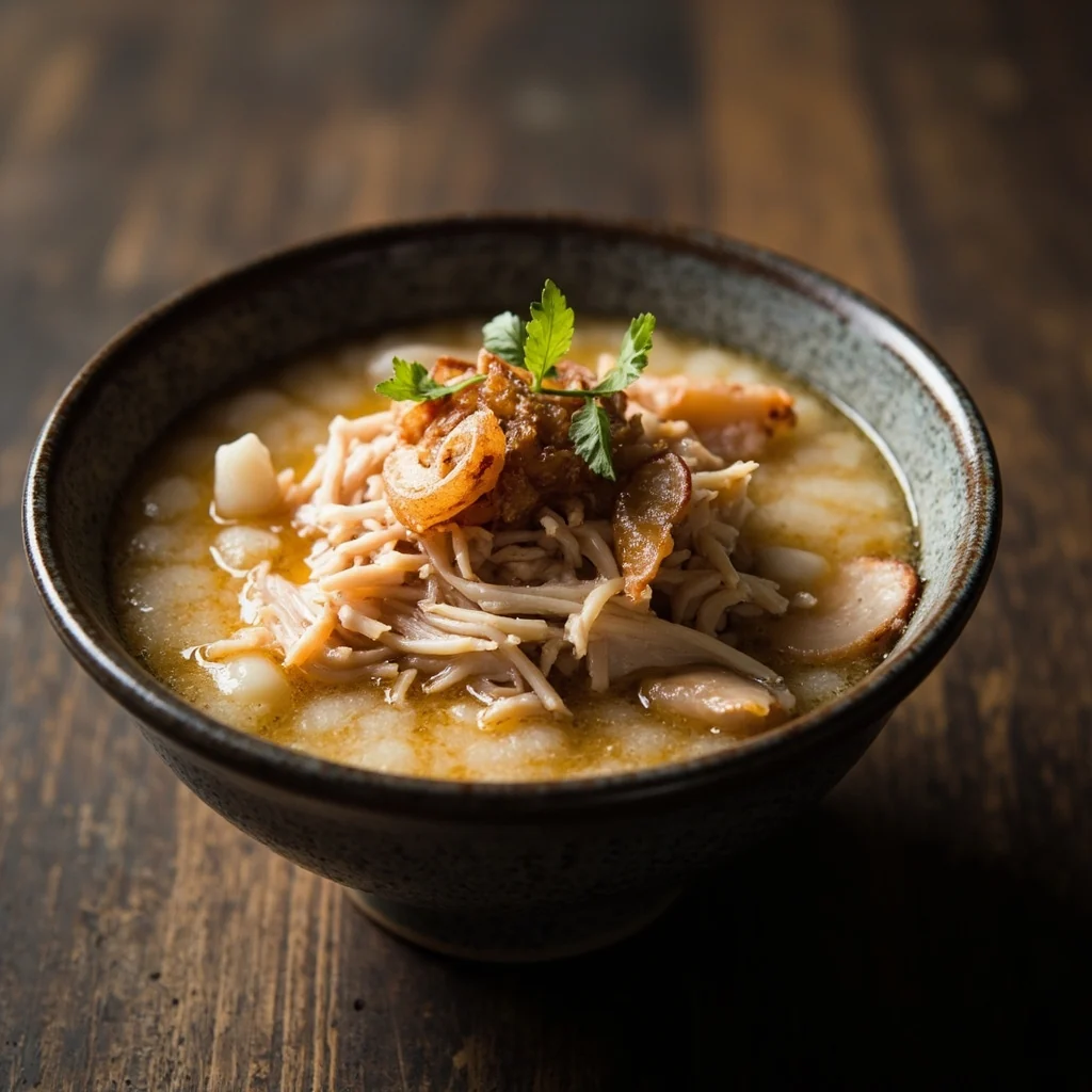 Congee soyeux aux pétoncles séchés et porc